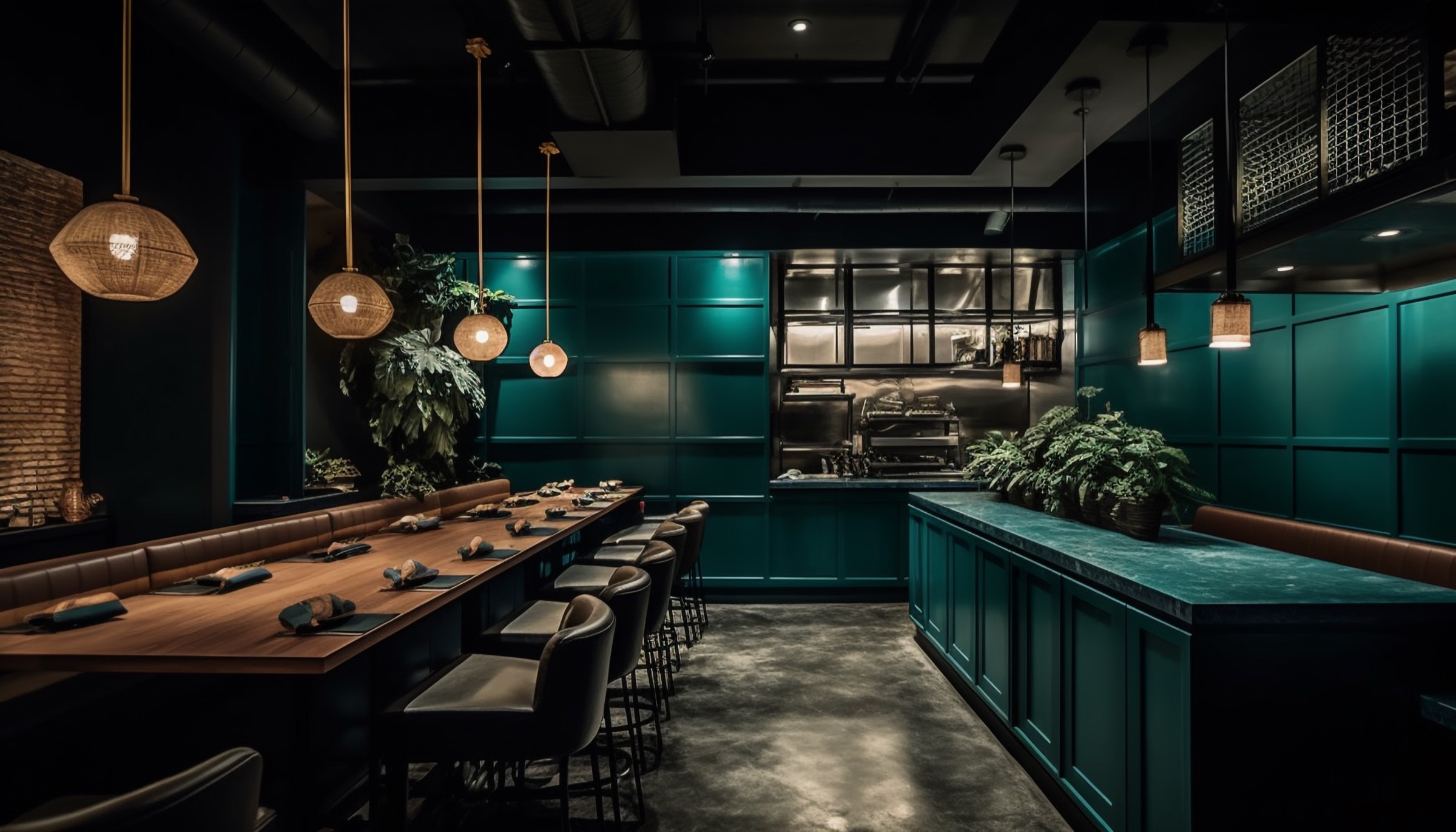 Salle d’un restaurant contemporain : grande table en bois, suspensions en rotin, cuisine ouverte.